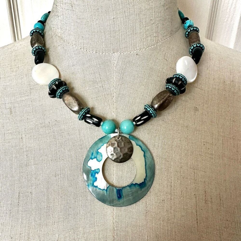Blue abalone silver tone beaded pendant necklace
